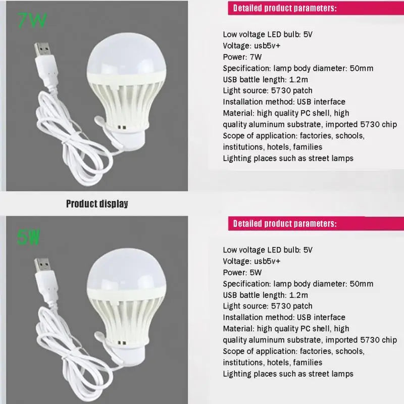 3/5/7W USB Lamp Bulb 5V Portable Camping Lantern Lamp LED USB Power Reading Book Light For Outdoor Camping Tent Lighting