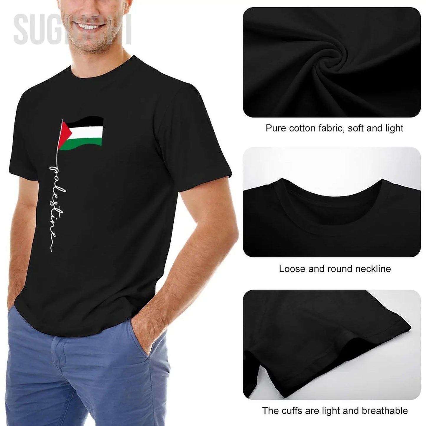 Men Palestine Flag With Palestine Name Tshirt 100% Cotton