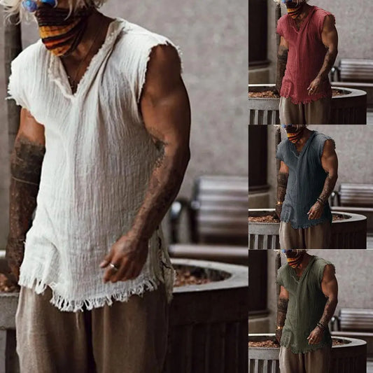 Men Tank Top Solid Color Casual Ripped Edge V Neck Sleeveless