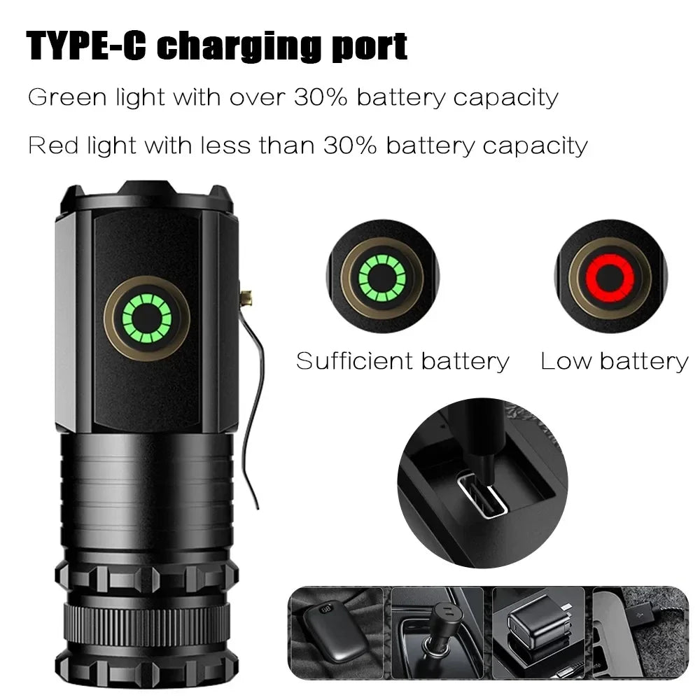 Powerful Mini EDC LED Flashlight 2000LM Super Bright Keychain Light USB Rechargeable Torch Camping Lantern with Power Indicator